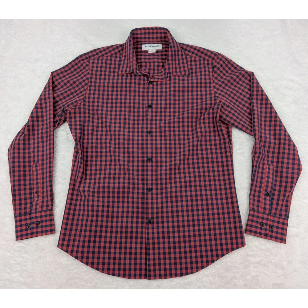 Mizzen + Main Men's Shirt M Trim Fit Red Blue‎ Check Performance Menswear - Picture 2 of 11